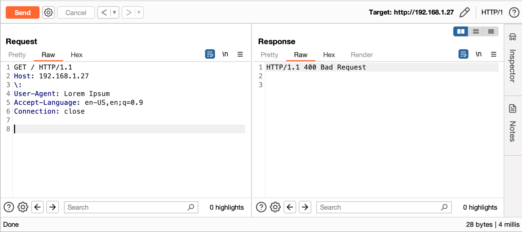 By injecting an invalid Header, the server responds with a ‘400 Bad Request’.