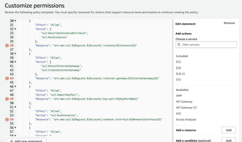 Figure 6: Reviewing and customizing generated IAM policy before application using AWS Access Analyzer