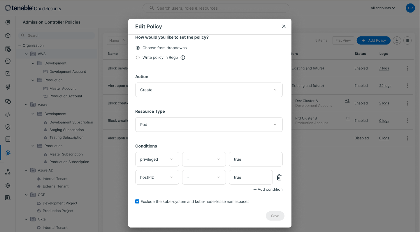 Tenable Cloud Security GUI for editing policies