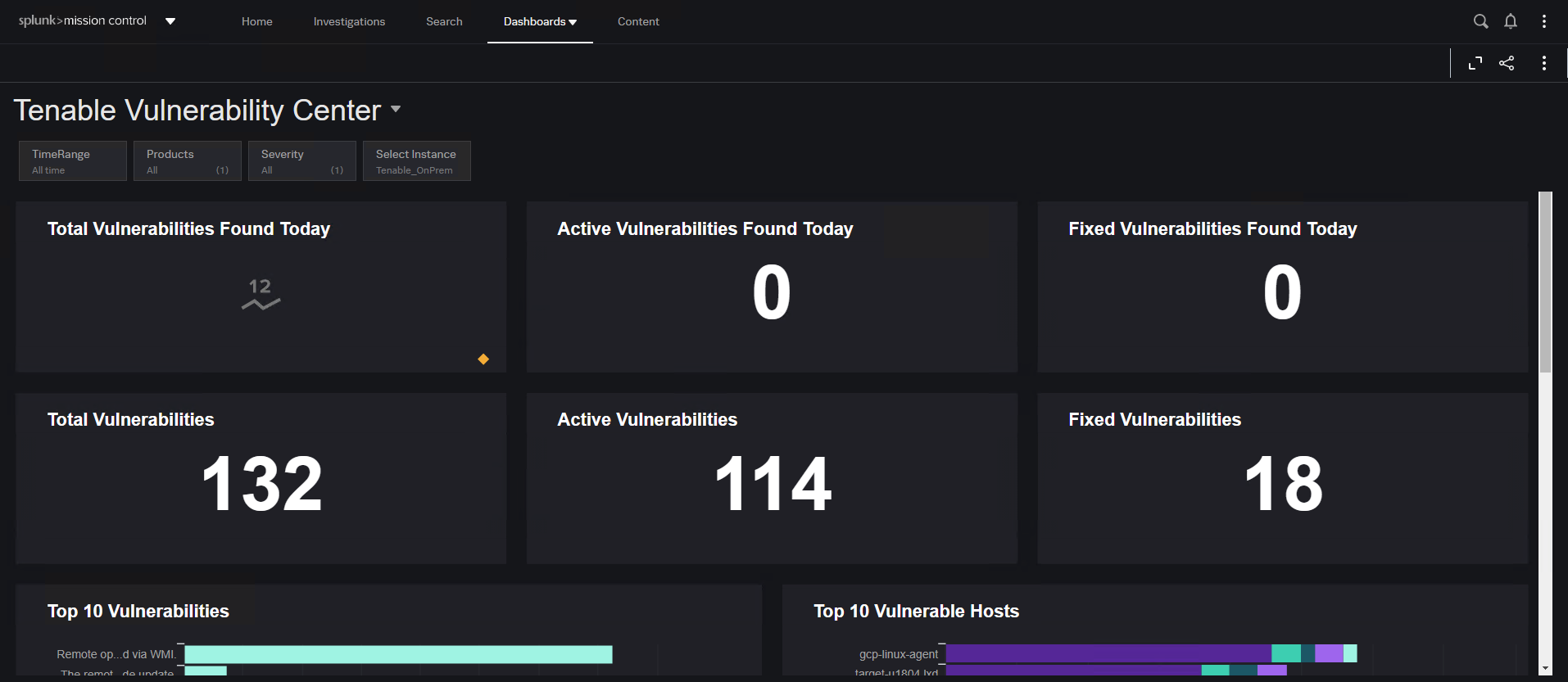 Screenshot of the Tenable Vulnerability Center within the Splunk Mission Control dashboard.