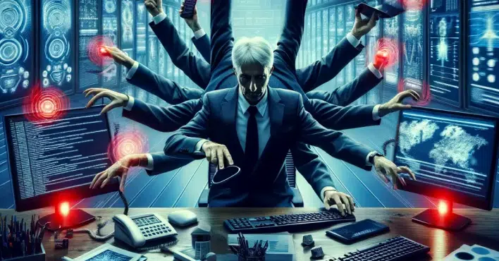 image of businessman with multiple arms managing an array of cybersecurity tools