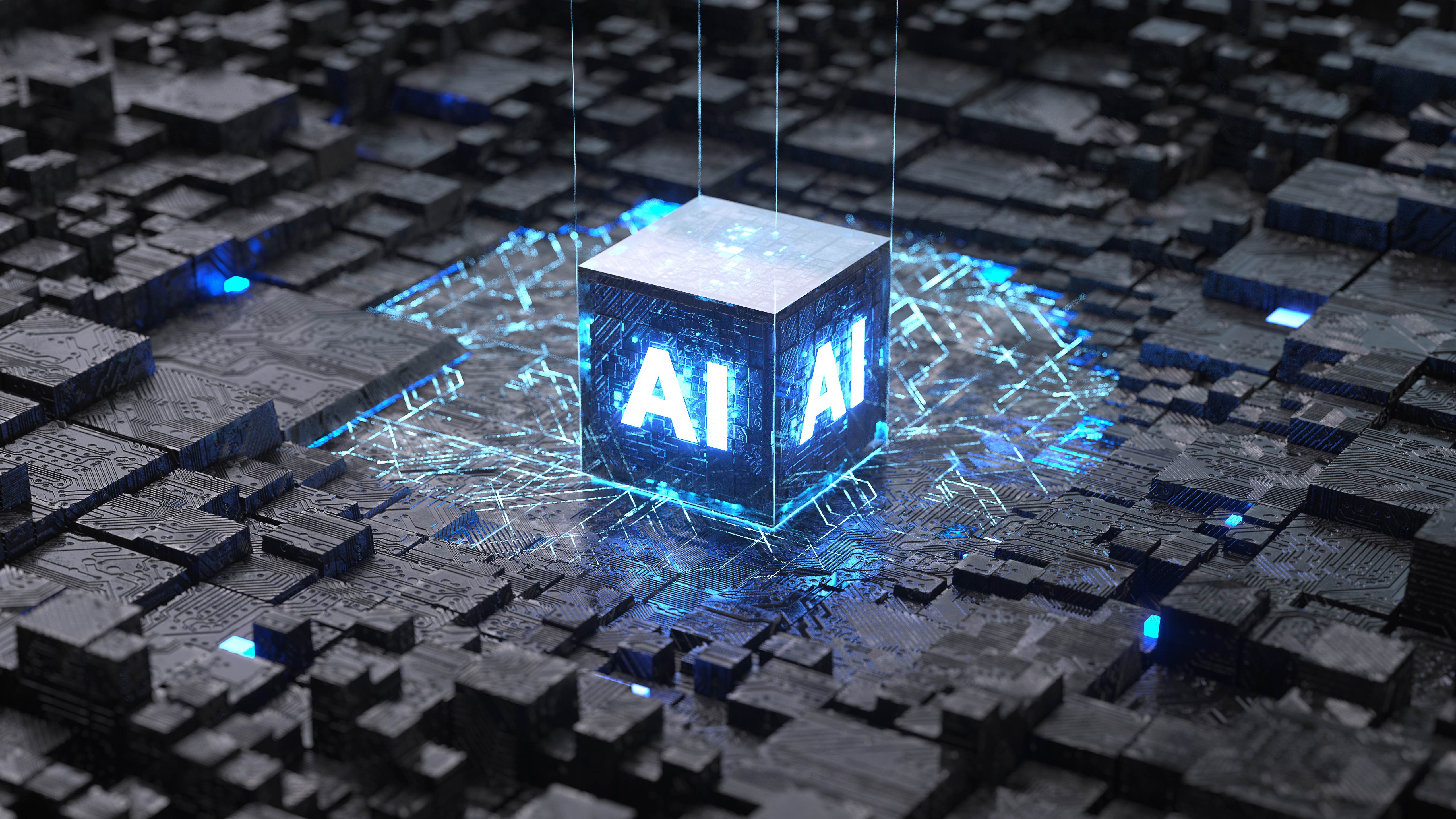 Abstract image of circuit board with glowing AI block on top of it
