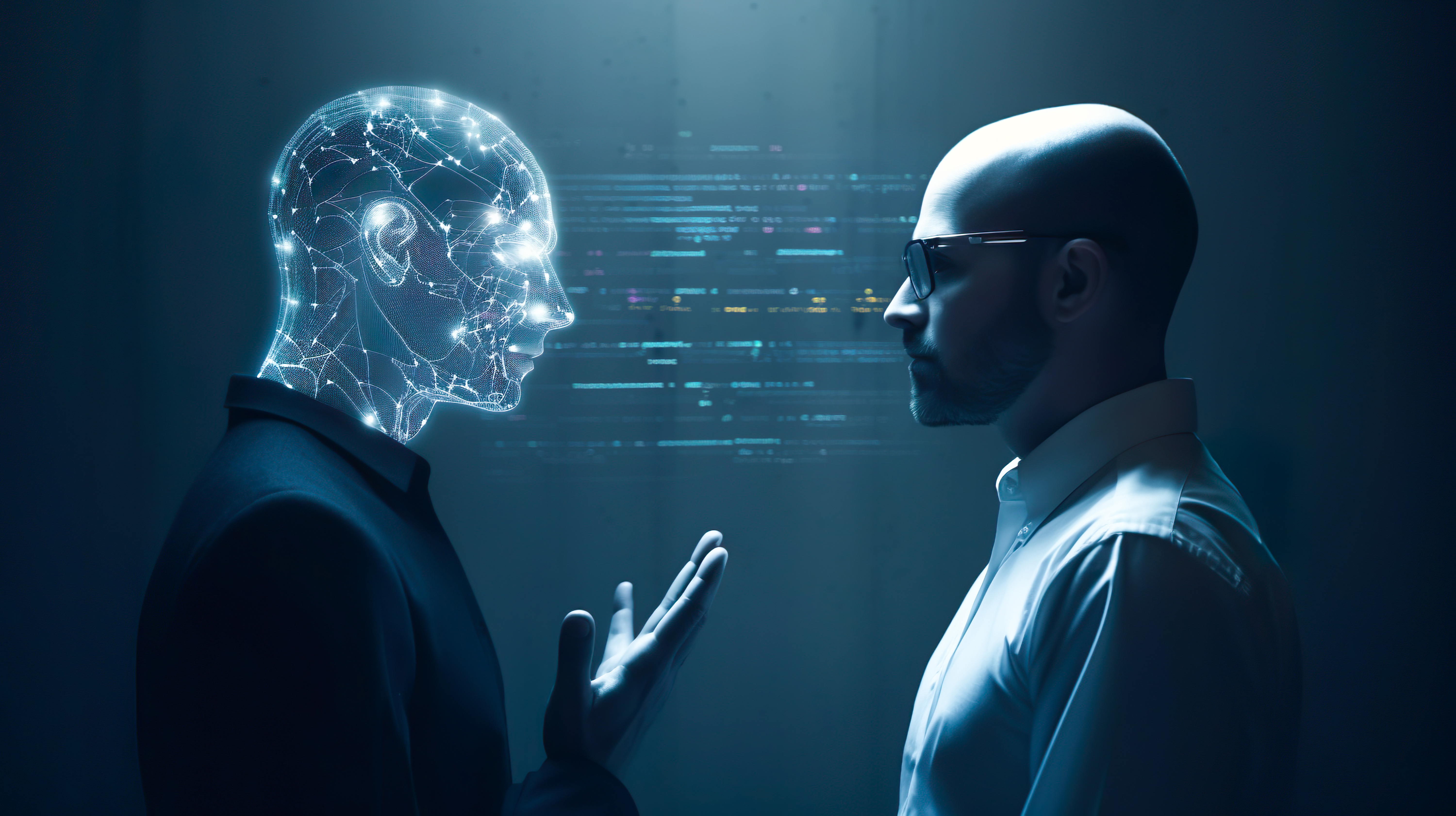 A human face in profile on the right facing a computerized AI face in profile on the left