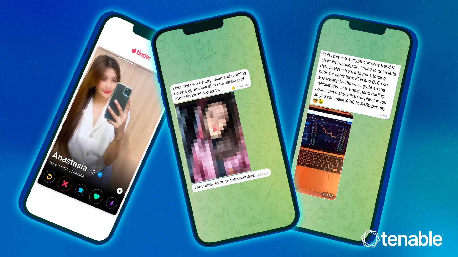 Three phone screens featuring images of scammers on Tinder and WhatsApp that are conducting a pig butchering scam, promoting fake investments into cryptocurrency.