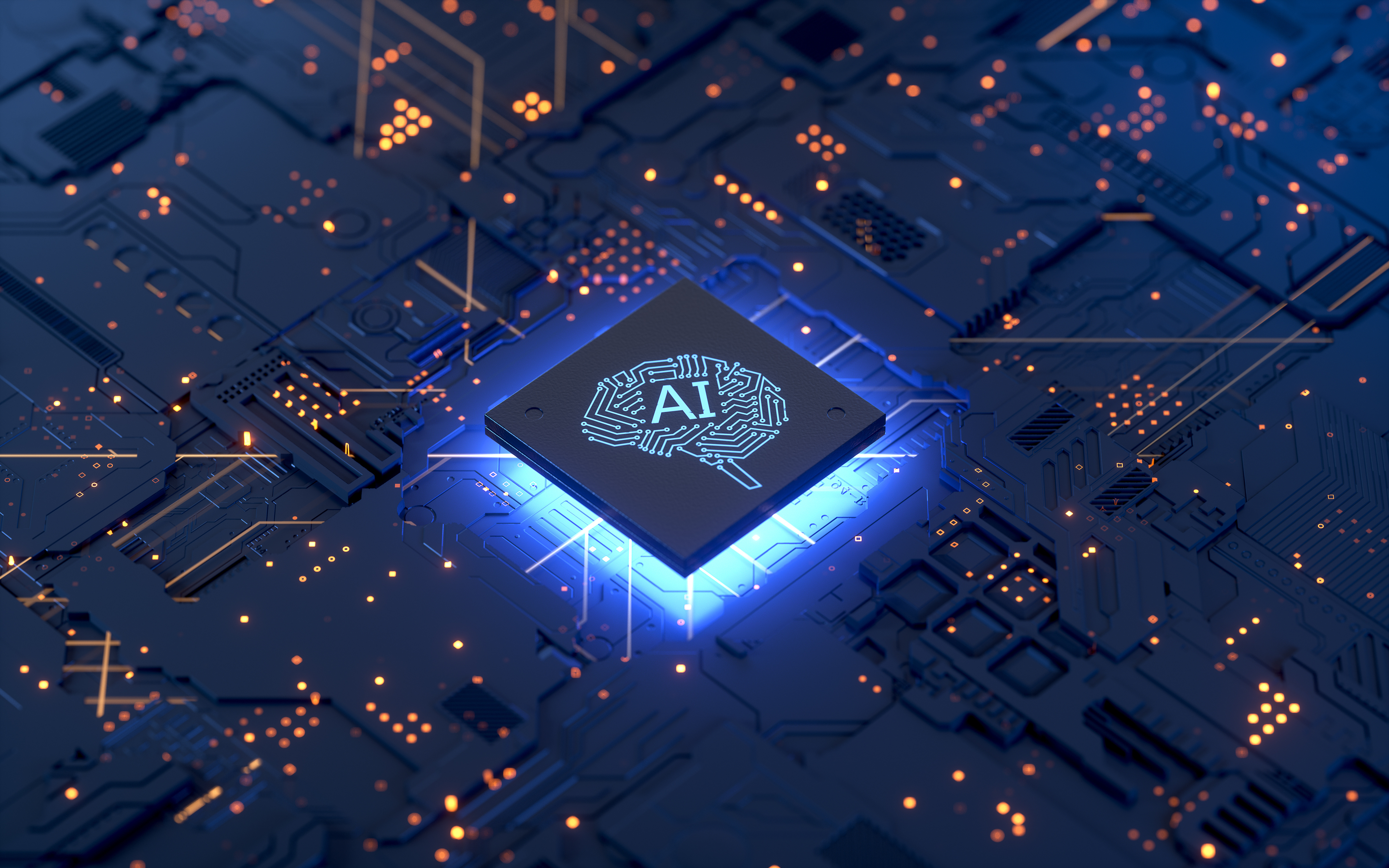 Abstract image showing circuit board with the letters AI on top