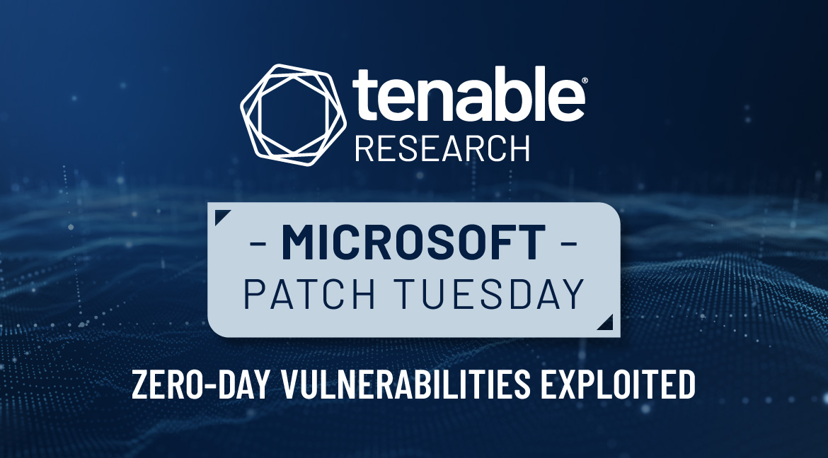 A blue gradient background with the Tenable Research logo at the top center of the image. Underneath the logo is a grey rectangular shaped box with the words "MICROSOFT" in bold and "PATCH TUESDAY" underneath it. Below this box are the words "Zero-Day Vulnerabilities Exploited" in white text. The May 2024 Patch Tuesday release includes fixes for two zero-day vulnerabilities that were exploited in the wild (CVE-2024-30051, CVE-2024-30040).