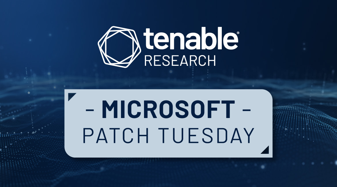 A blue background with the words "Tenable Research" positioned at the top center of the image. Underneath it is a rectangular shaped box with the bottom left and top right corners being rounded. The word "MICROSOFT" is inside the rectangle in bold lettering with "PATCH TUESDAY" underneath. The April 2024 Patch Tuesday release addresses 147 CVEs including three critical flaws.