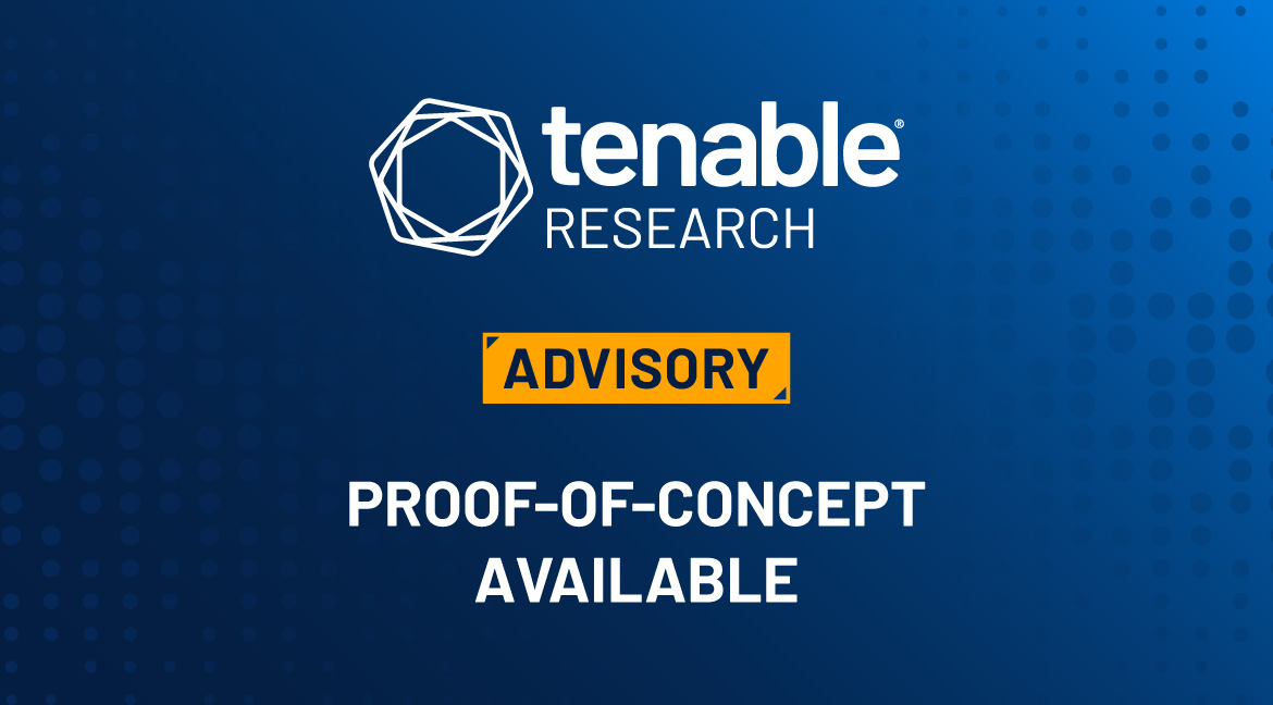 The background contains a blue gradient from left to right. The Tenable Research logo is in the top center of the image. Underneath the logo is an orange/yellow box containing the word "ADVISORY" with the words "Proof-of-Concept Available" underneath it.