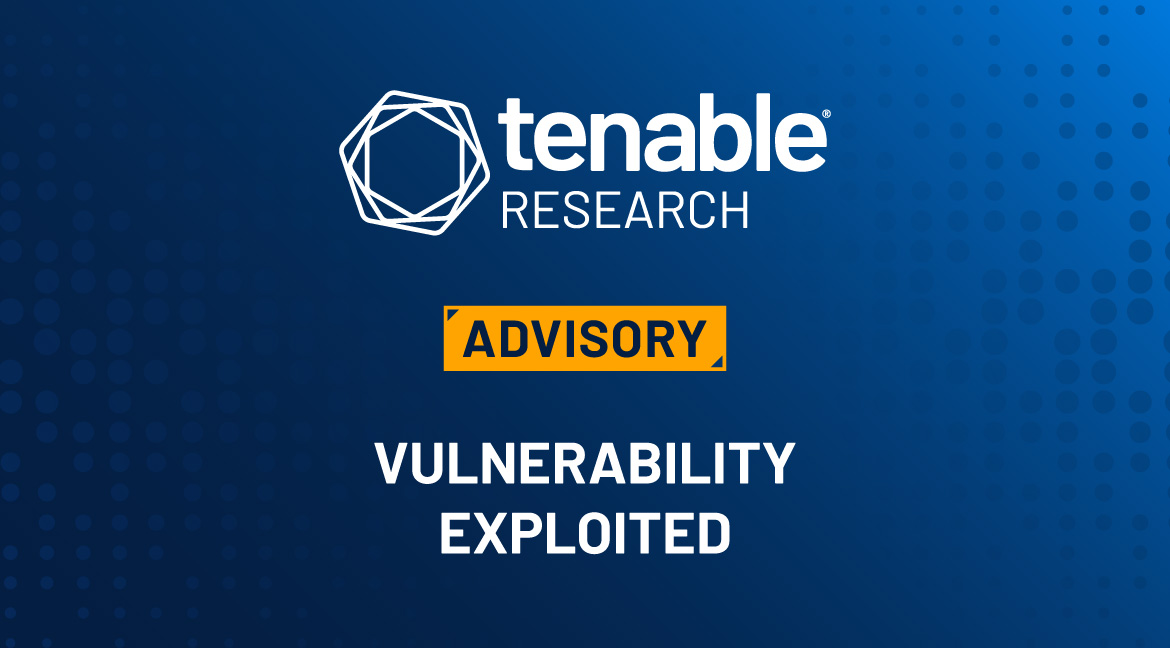 A background with a blue gradient fading from right to left. The Tenable Research logo is located at the top center. Underneath the logo is a yellow/orange box containing the word "ADVISORY" in it. Underneath the box are the words "Vulnerability Exploited" in white text.