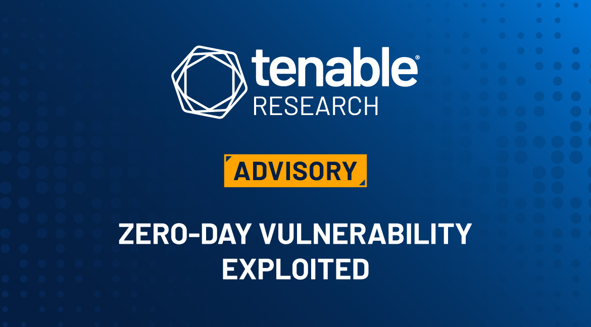 A blue gradient background with the Tenable Research logo at the top. The word "Advisory" is underneath the logo inside of a yellow box. Underneath this box are the words "Zero-Day Vulnerability Exploited." This blog is about a recent zero-day in CrushFTP (CVE-2024-4040) that was exploited in the wild in targeted attacks.