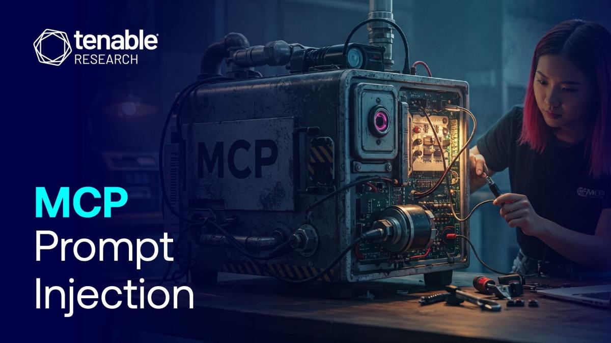 A blue banner that reads MCP Prompt Injection and contains an image of a woman tinkering with a machine. The machine is labelled MCP.