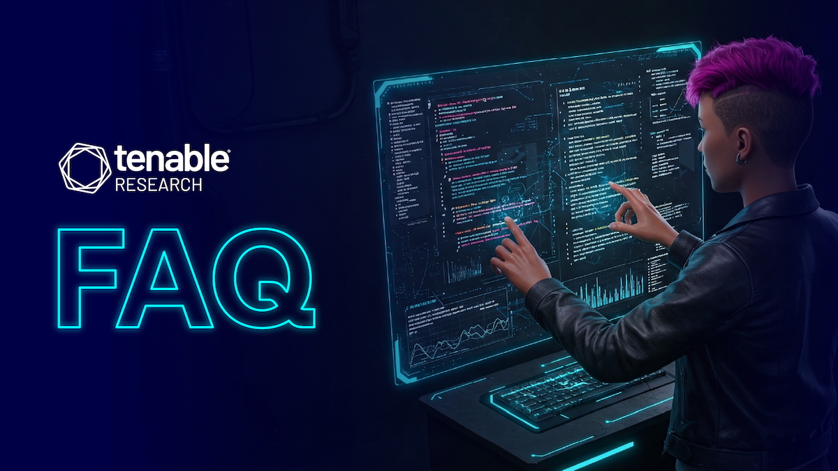 Illustration of a person with a magenta mohawk interacting with a large futuristic digital screen displaying code, graphs, and data visualizations. To the left, the Tenable Research logo appears above the glowing text “FAQ” on a dark blue background.