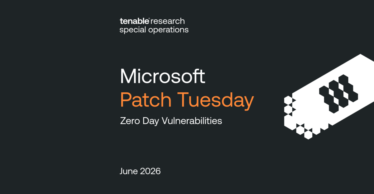 A blog header image with a dark charcoal background. In the top center, the text reads "Tenable Research Special Operations." In the center, large text says "Microsoft Patch Tuesday," with "Patch Tuesday" highlighted in orange, above the subtitle "Zero Day Vulnerabilities" and the date "June 2026." On the right is a geometric, abstract graphic featuring a white angled plane with a dark 3D hexagon pattern.