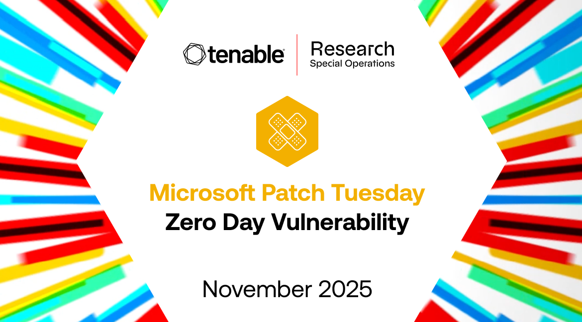 A graphic from Tenable Research Special Operations with a colorful border. In the center is a yellow hexagon icon with crossed bandages, which sits above three lines of text: "Microsoft Patch Tuesday," "Zero Day Vulnerability," and "November 2025."