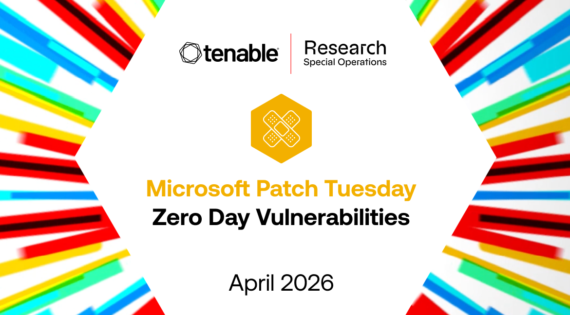 Tenable Research Special Operations blog header for the April 2026 Microsoft Patch Tuesday release covering zero-day vulnerabilities. The image features the Tenable logo, a gold hexagonal bandage icon representing patching, and bold text reading "Microsoft Patch Tuesday Zero Day Vulnerabilities, April 2026" against a white background framed by colorful diagonal stripes.