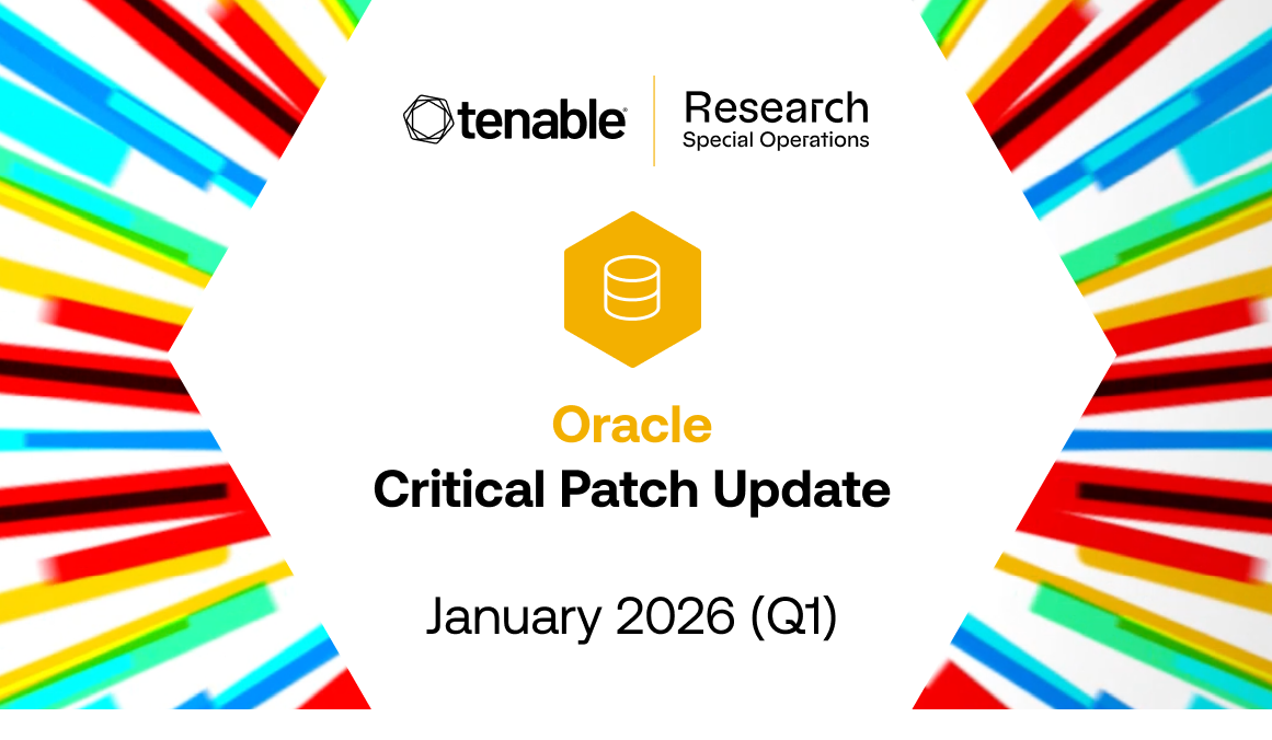 A title slide announcing the Oracle Critical Patch Update for January 2026 (Q1). The slide is branded with the Tenable Research Special Operations logo and features a central yellow database icon against a background with colorful striped borders.