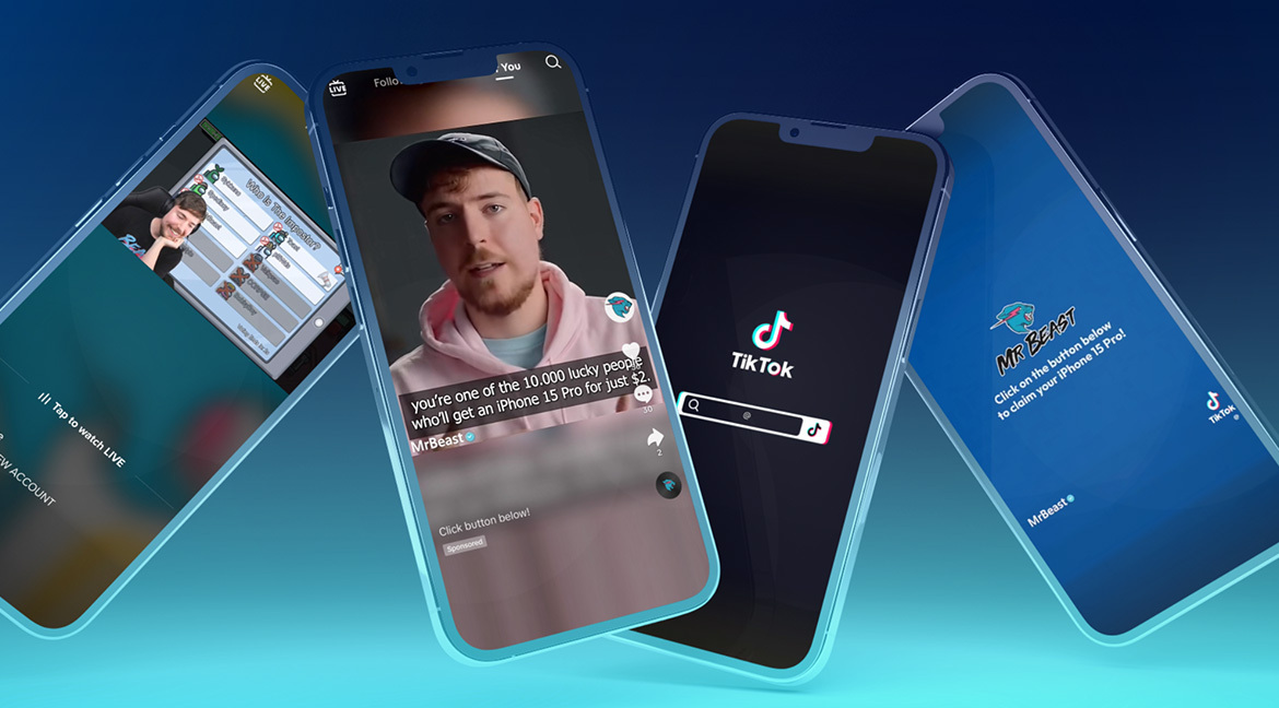 A series of mobile phones featuring images of various scams on TikTok impersonating popular YouTube creator MrBeast