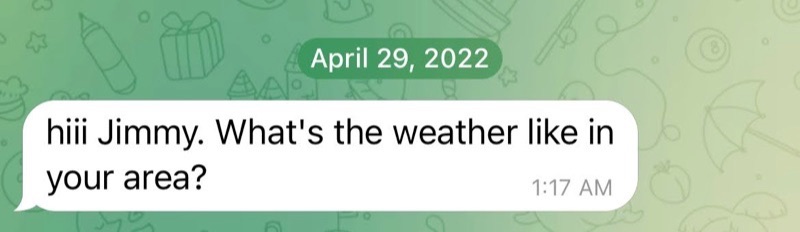 豚殺し詐欺で使われた Telegram のコールドコールメッセージ。地域の天気について話しかけ、メッセージに誤った名前を入れている。