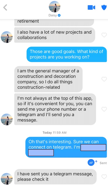 Messages from a match on Tinder by a scammer conducting a pig butchering scam and asking to move off platform to Telegram or SMS.
