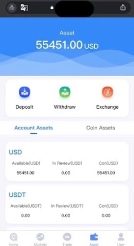 A screenshot of a fake version of the Upbit exchange operated by pig butchers logged into the pig butcher's account, which shows a balance of $55,000 USD.