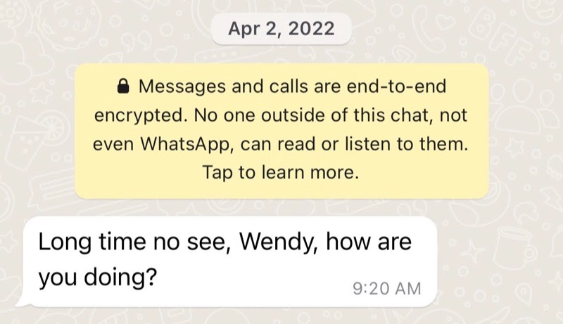 豚殺し詐欺で使われたコールドコールの WhatsApp メッセージ。わざと名前を間違えてユーザーに呼び掛けて、返信を促している。