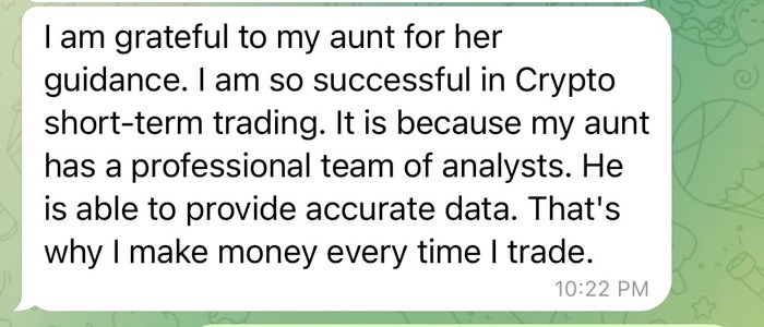 A Telegram message from a pig butcher talking about how a family member (aunt) has taught them how to successfully invest in cryptocurrency short-term trading