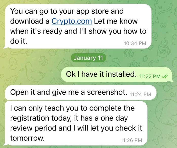 A Telegram message from a pig butcher asking for screenshots of the Crypto.com website in order to show the victim how to invest.