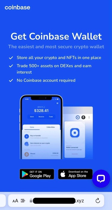 Screenshot of a fake cryptocurrency investment page promoting the Coinbase Wallet in the App Stores.