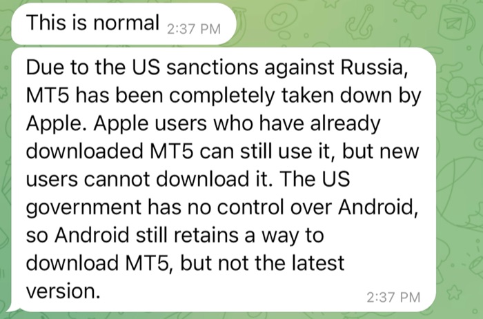 A Telegram message from a pig butcher defending MetaTrader 5 using boilerplate language to address questions surrounding its removal from the App Store.