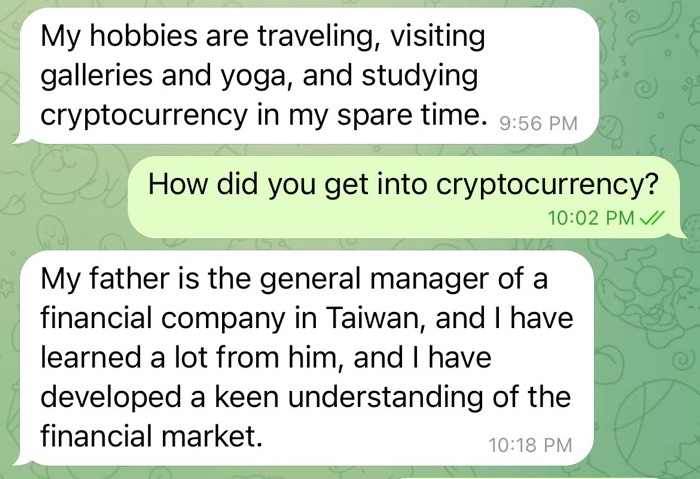 A Telegram message from a pig butcher talking about how a family member (father) has taught them how to successfully invest