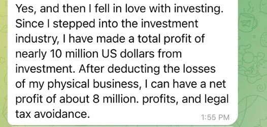 A Telegram message from a pig butcher talking about their legitimate-sounding work while also touting experience in investing and their success of earning 8 million dollars in profit.