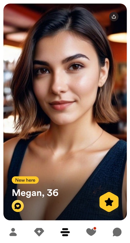 Bumble の Megan のプロフィール。AI によって生成された実存でない女性の写真を使っている。