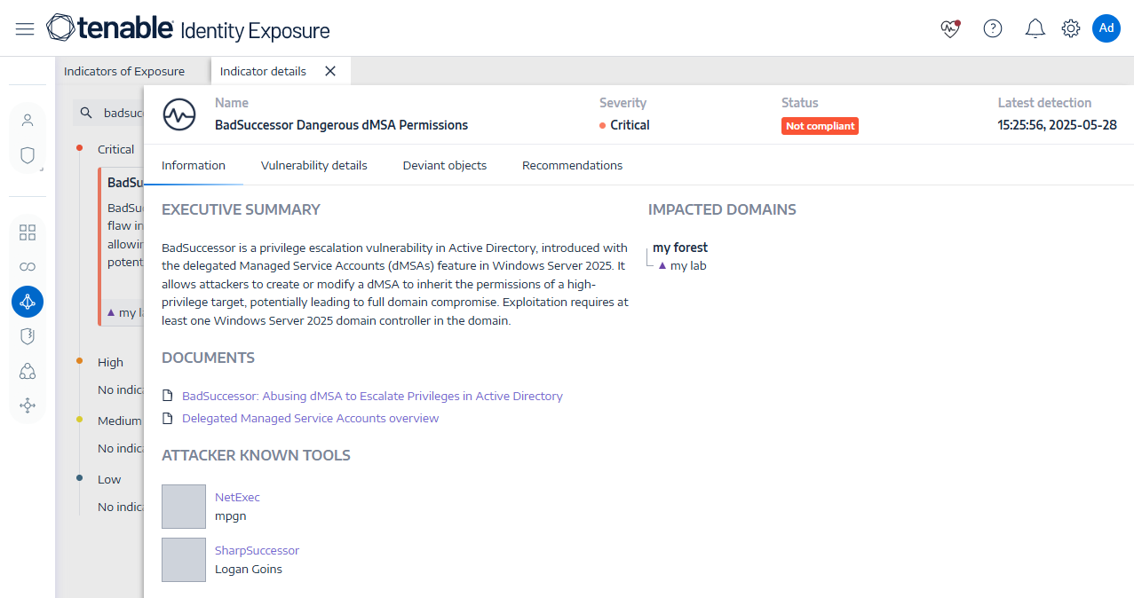 A screenshot showing Tenable Identity Exposure indicator of exposure (IoE) for BadSuccessor