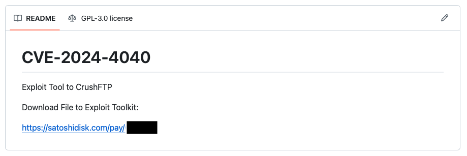 A screenshot of a GitHub repository that claims to offer an exploit for CVE-2024-4040. It includes a link to an external website called SatoshiDisk that asks users to pay $500 USD in Bitcoin to purchase the exploit.
