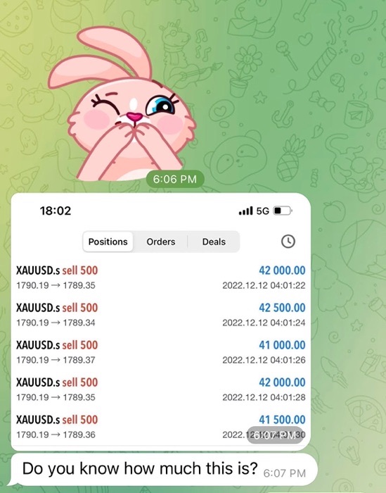 豚殺し屋が送った Telegram メッセージ。金スポット投資について話して、被害者も金スポットに投資するよう勧誘している。