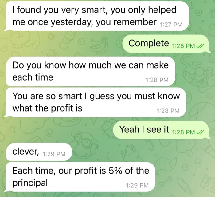 A Telegram message from a pig butcher praising a victim about being smart when passing their so-called tests for investing