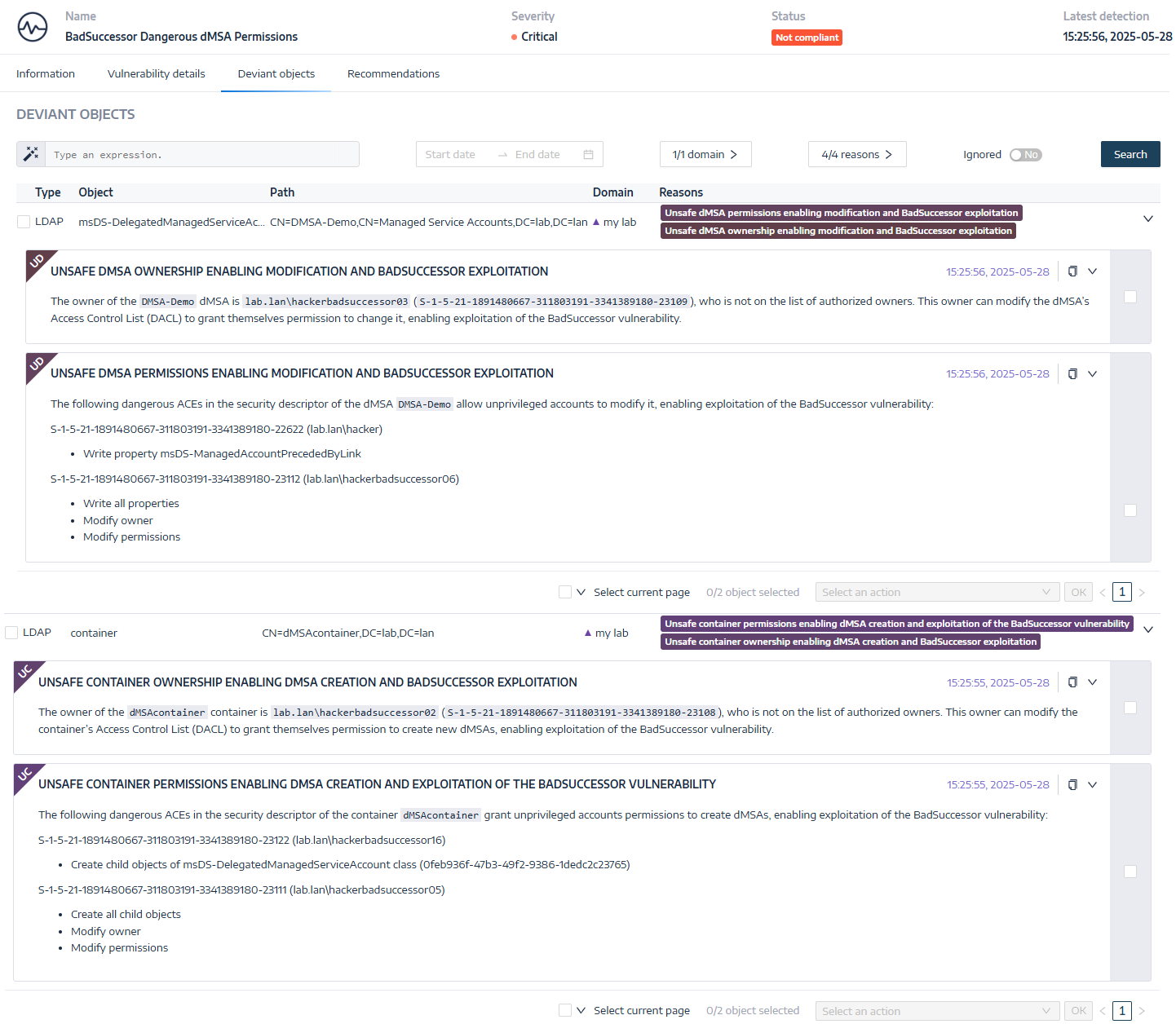 Additional screenshots from Tenable Identity Exposure for the indicator of exposure (IoE) for BadSuccessor