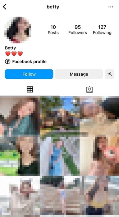 Instagram の偽の Betty アカウント。Tinder の偽の Betty のプロフィールに参照されていた。