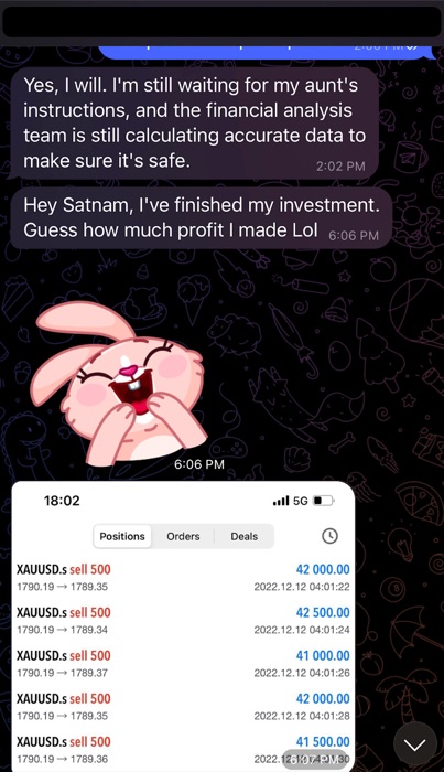 豚殺し詐欺が送ったTelegram メッセージ。MetaTrader アプリを使って金スポットに投資してどれだけ儲かったかと話している。