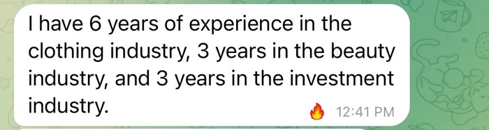 Another Telegram message from a pig butcher talking about their legitimate-sounding work while also touting experience in investing.