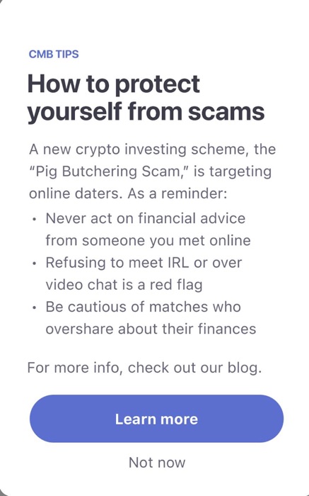 An example pop-up from the Coffee Meets Bagel app that warns users of its service on the Pig Butchering Scam