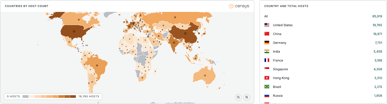Image from Censys showing MongoDB instances across the globe