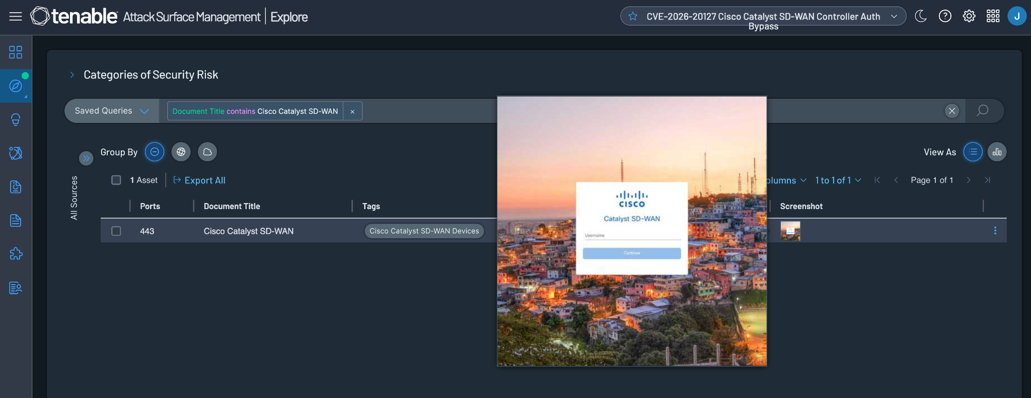 A screenshot of Tenable Attack Surface Management showing a query for Cisco Catalyst SD-WAN devices