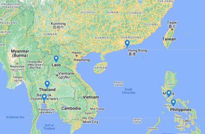 東南アジアのグーグルマップ。既知の豚殺し詐欺師の活動拠点 -タイ、ラオス、フィリッピン、香港 - にマーカーが表示されている。