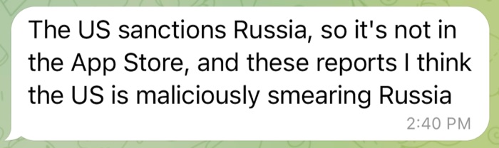 豚殺し屋からのメッセージ。公式の App Store から MetaTrader アプリが削除されたことについてロシアに対する制裁に賛成している。対している。