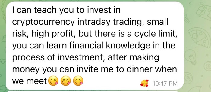 A Telegram message from a pig butcher offering to teach the victim how to invest in cryptocurrency and once they teach the victim they ask to be invited to dinner
