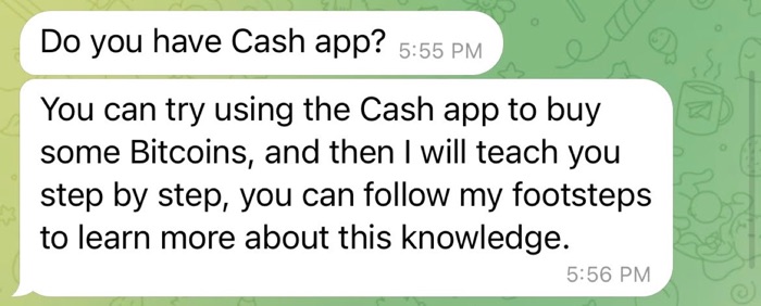 A Telegram message from a pig butcher asking a victim to purchase Bitcoin from Cash App