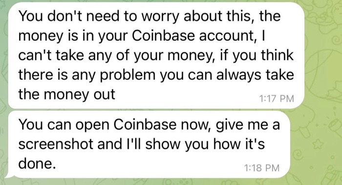 A Telegram message from a pig butcher asking for screenshots from Coinbase to confirm money has been received.