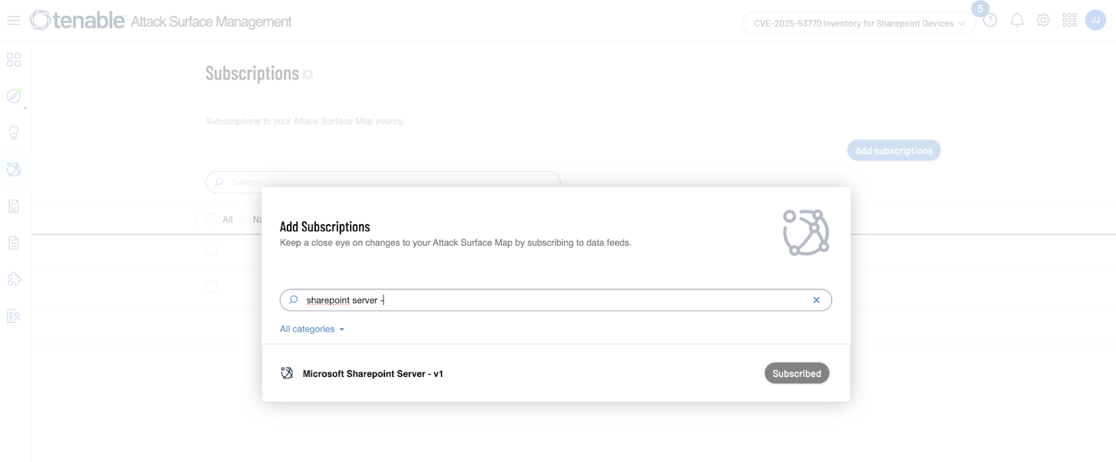 User interface of Tenable's Attack Surface Management showing an 'Add Subscriptions' dialog including a subscription for Microsoft Sharepoint Server - v1.