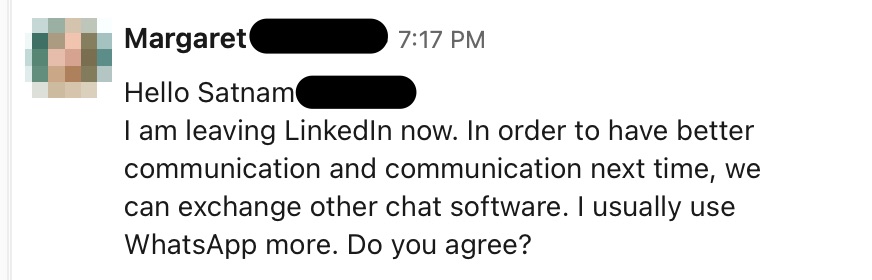 A direct message on LinkedIn from a scammer conducting a pig butchering scam that asks the user to move off platform onto WhatsApp to continue the conversation.
